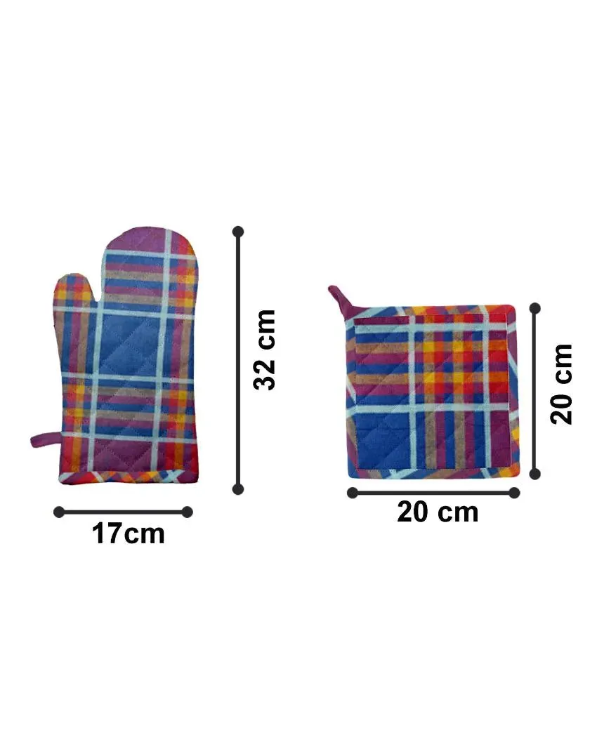 Solid Checks Cotton Oven Mitten & Pot Holders Set