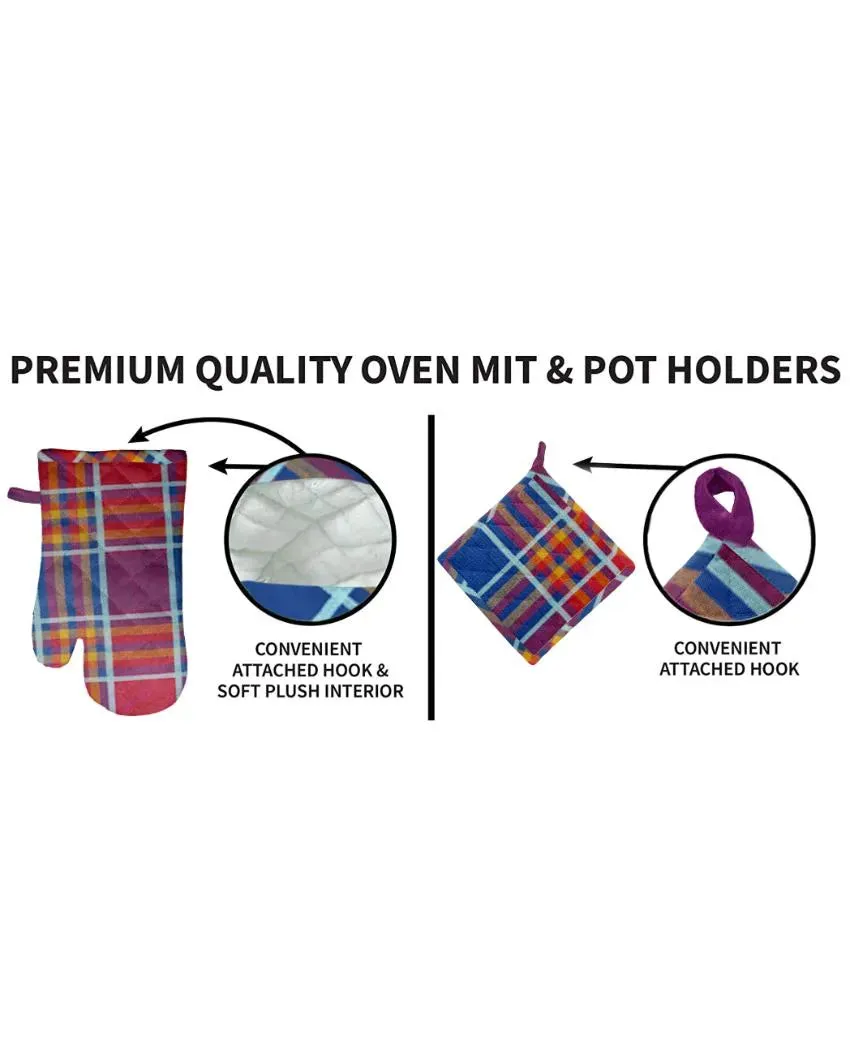 Solid Checks Cotton Oven Mitten & Pot Holders Set