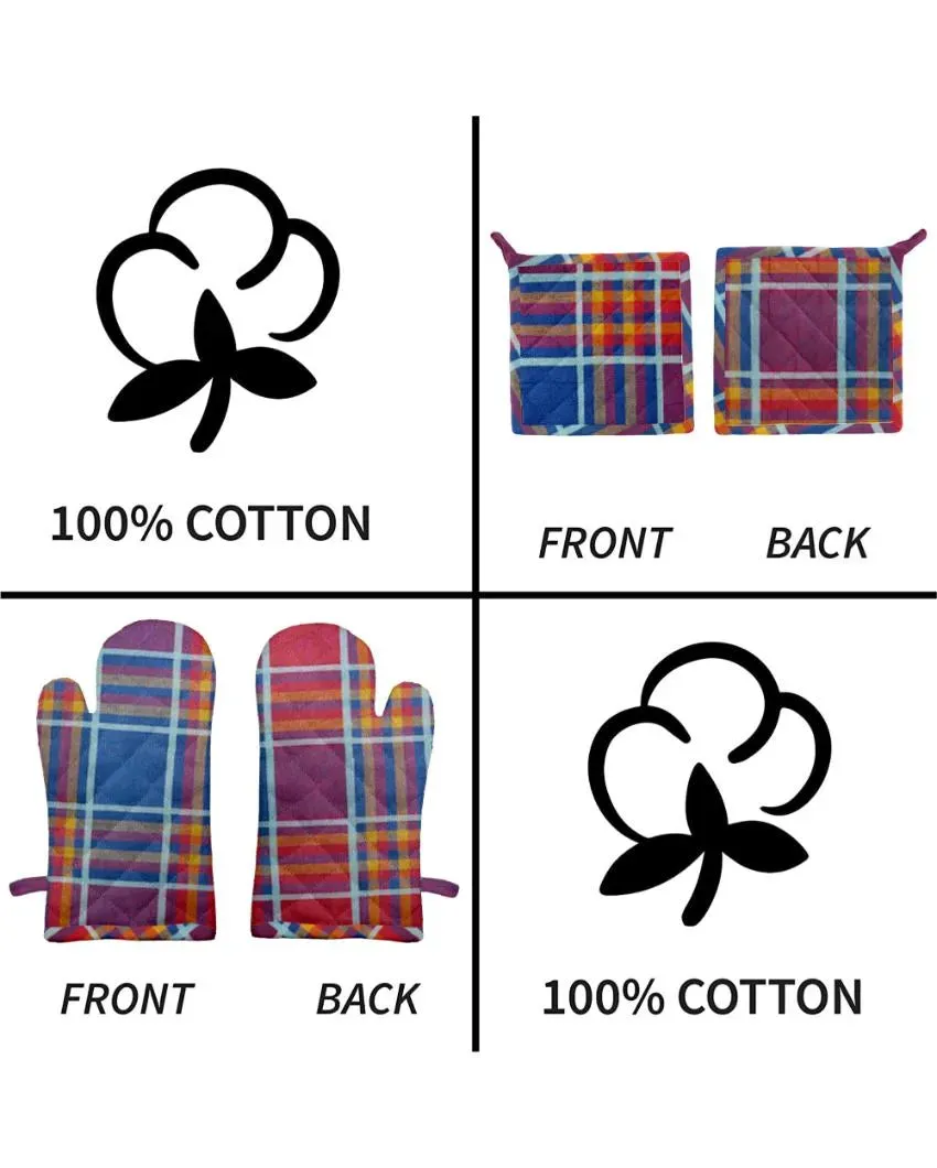 Solid Checks Cotton Oven Mitten & Pot Holders Set