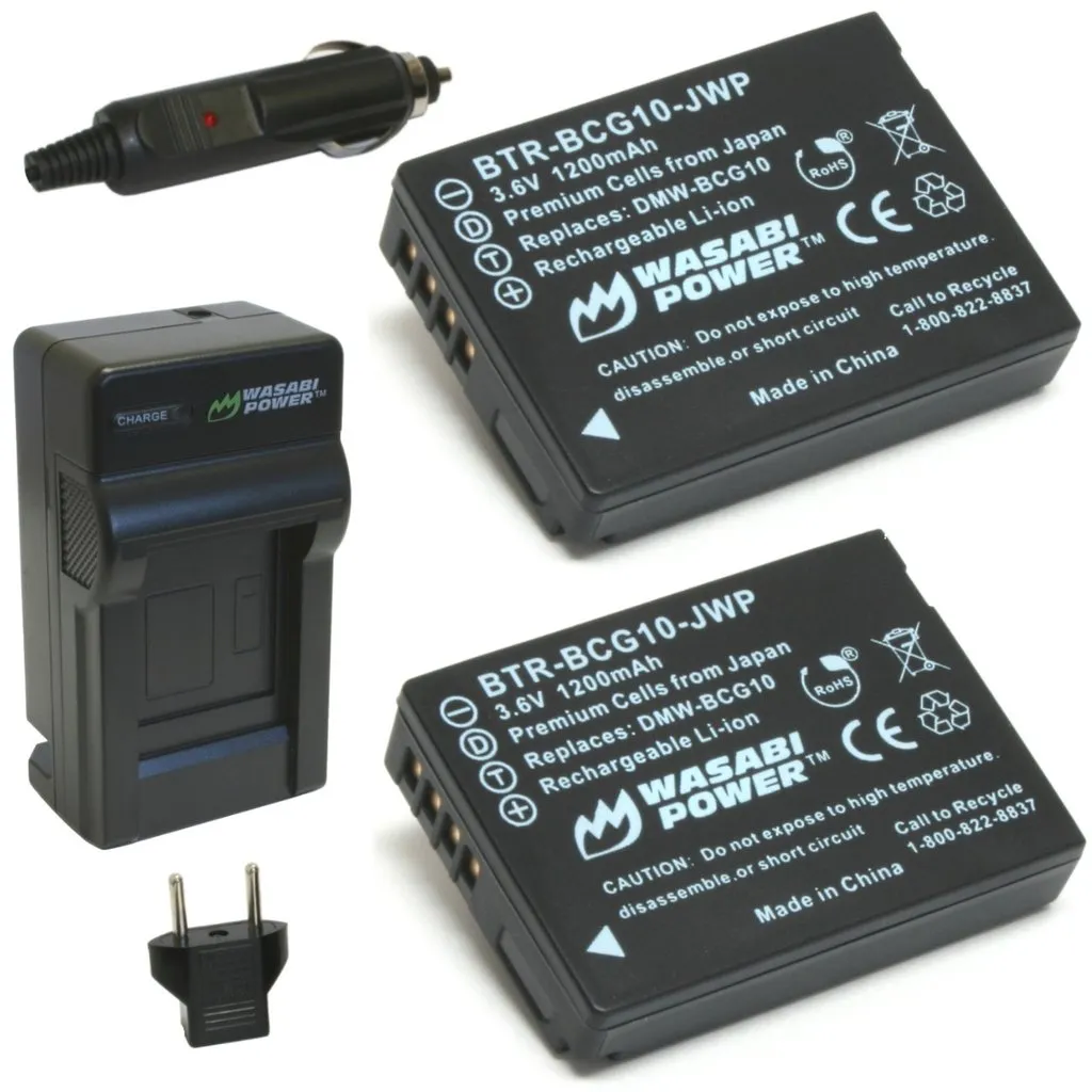 Wasabi Power (2-Pack) Panasonic DMW-BCG10 DMWBCG10 Battery and Charger with Built-In Fold Out US Plug, Car Charger and Euro Plug Adapter for Select Panasonic Digital Camera Lumix DMC-3D1 DMC-SZ8 DMC-TZ18 DMC-ZX3 DMC-ZX1 DMC-ZS25
